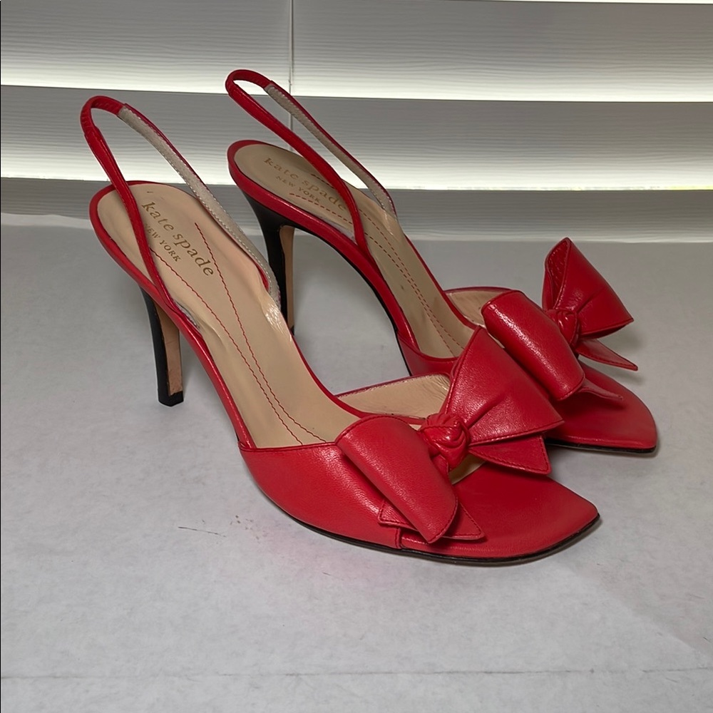 Kate Spade Orange-Red Leather Slingback Heels with Bow
